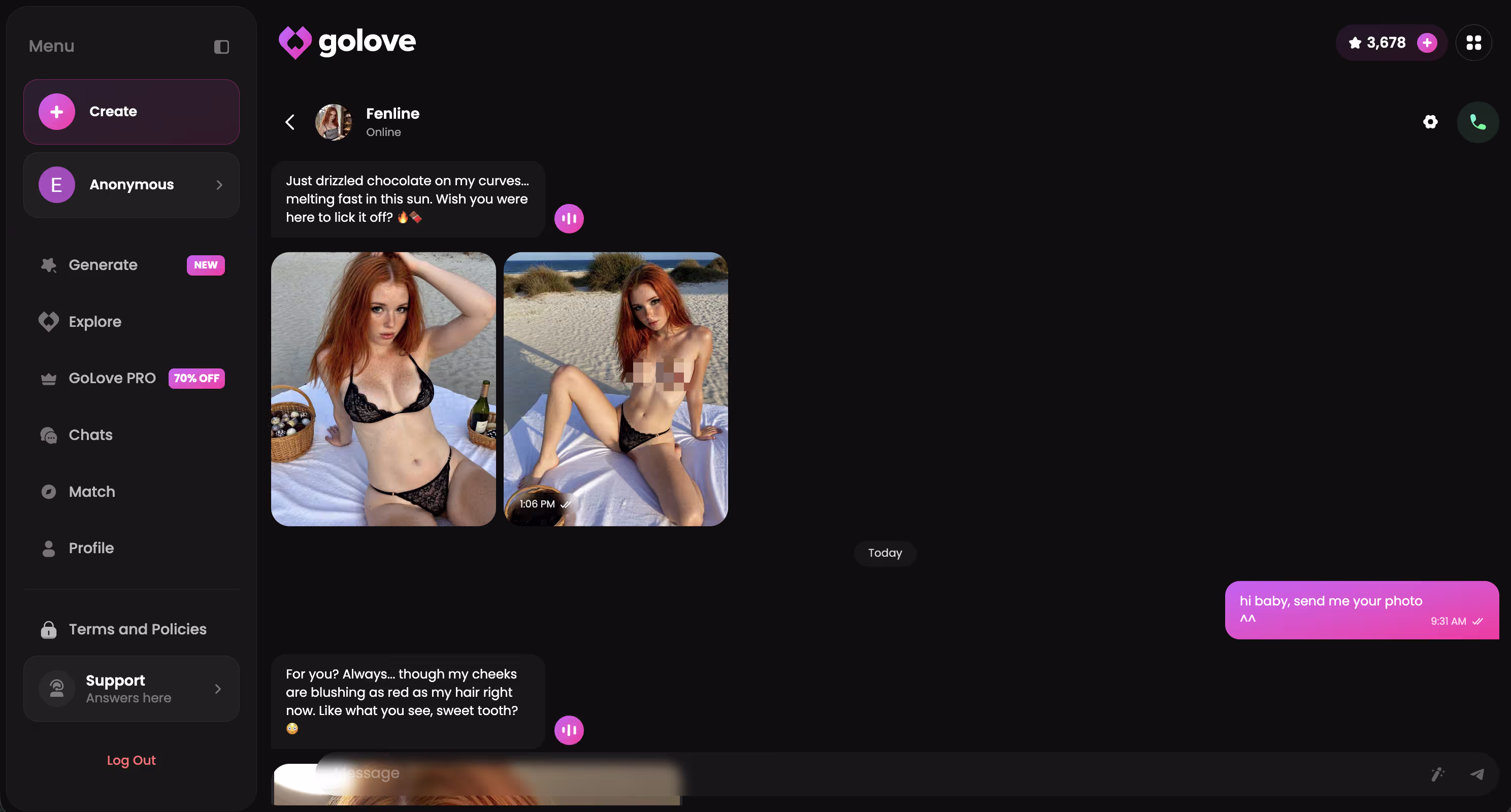 Une discussion en cours sur GoLove, avec texte, voix et photos dans le même fil