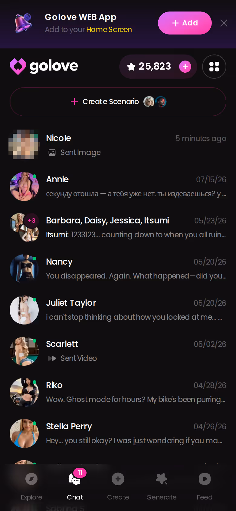 Liste des conversations GoLove.ai sur mobile avec les personnages récents