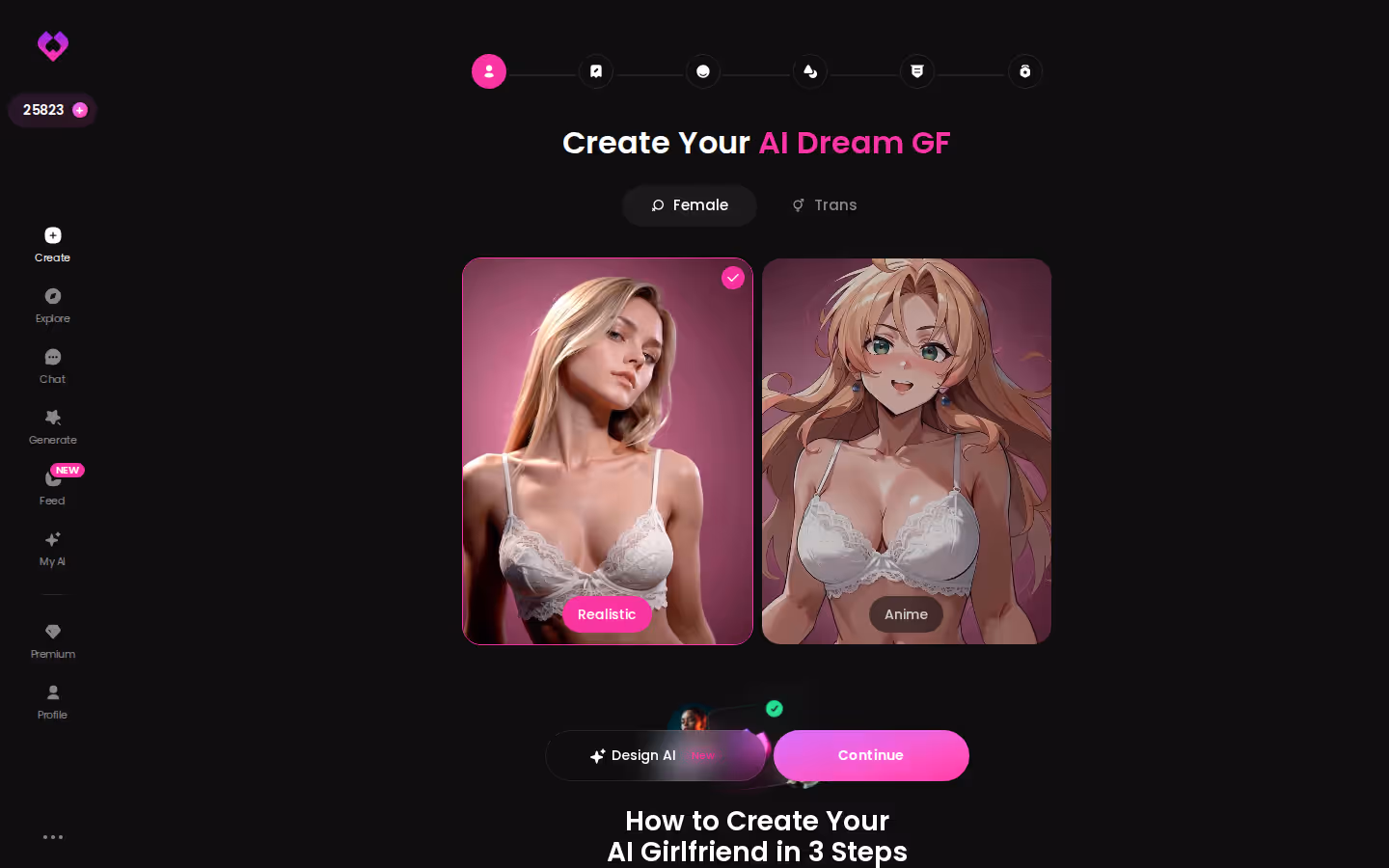 Le début de l'assistant Create sur GoLove.ai — Réaliste ou Anime, Femme ou Trans, puis Continuer