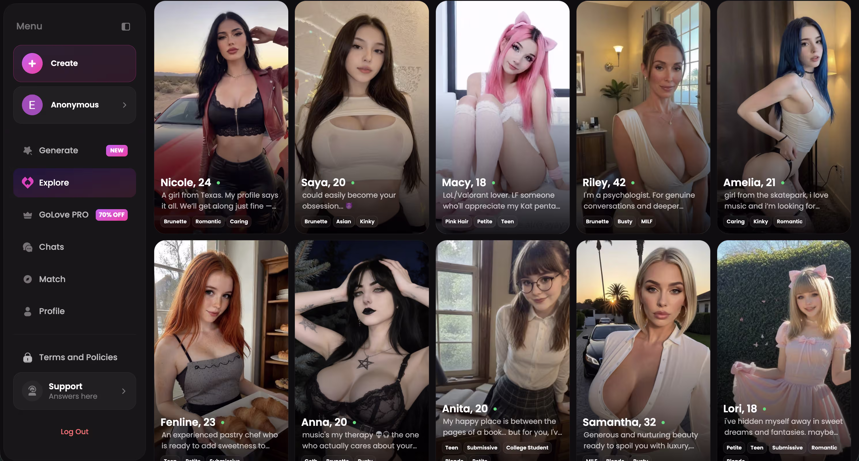 Explore page with realistic AI girlfriend roster — chat erotique