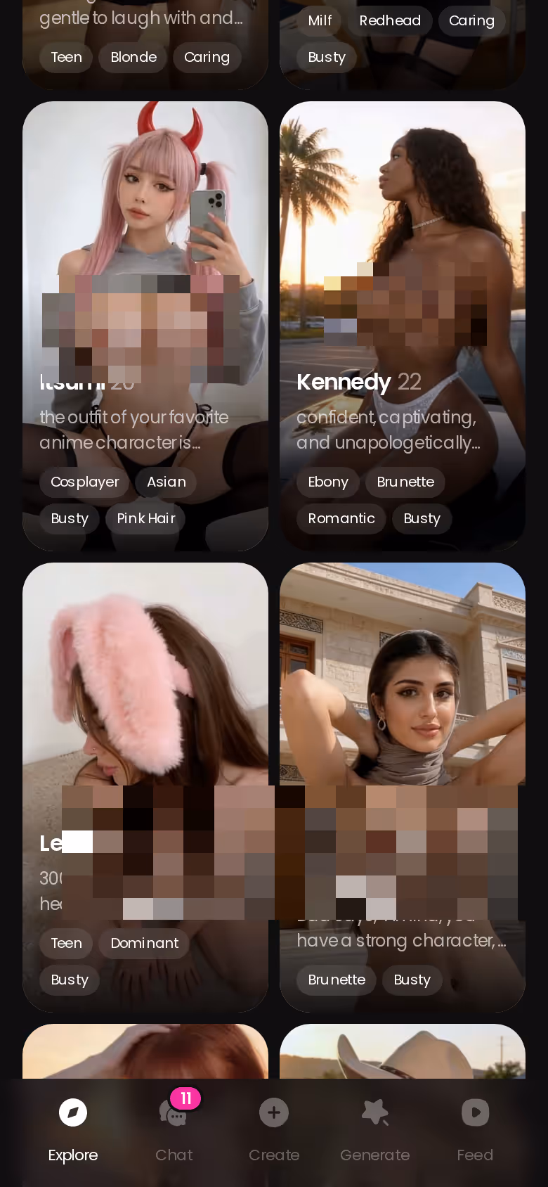 Onglet Explorer de GoLove.ai sur mobile, un tap sur une fille ouvre la discussion