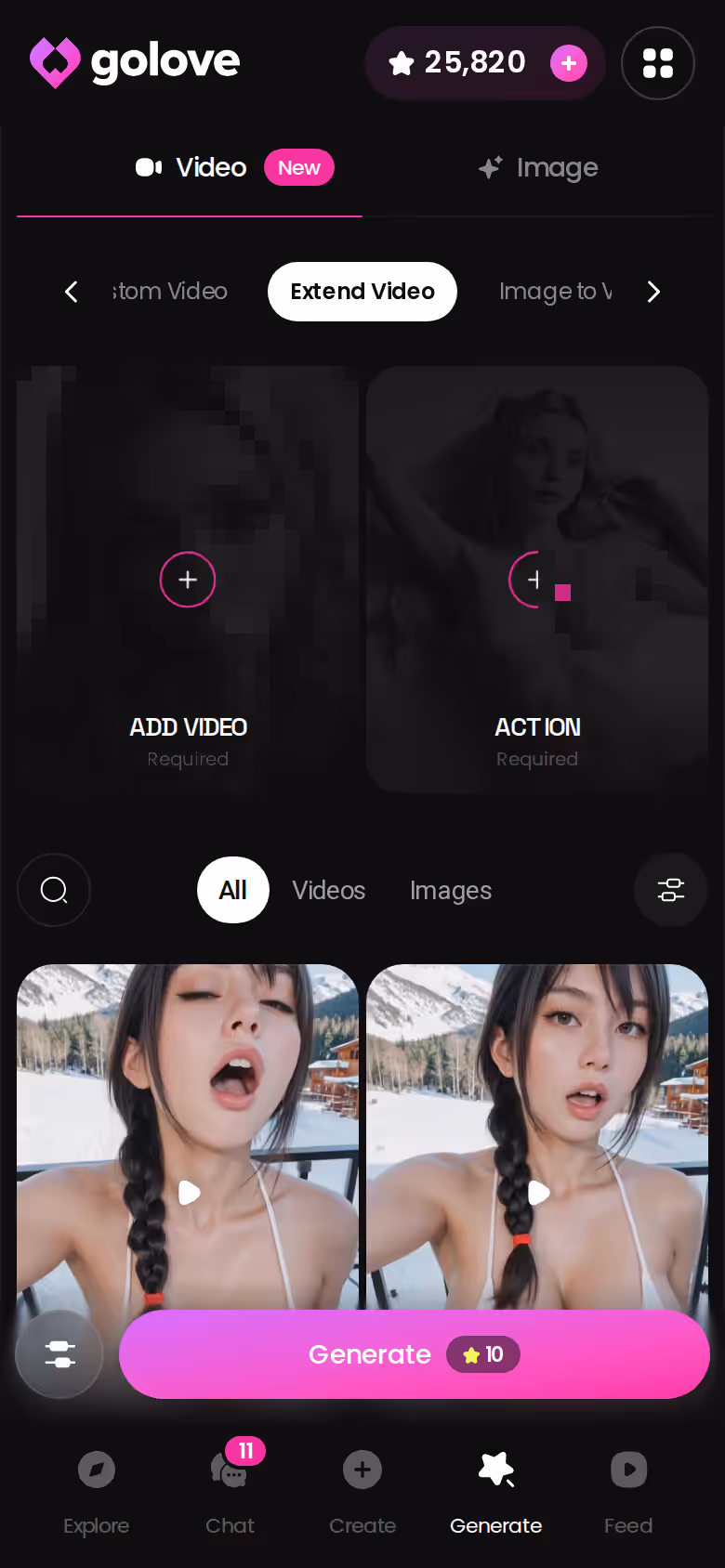 Le générateur vidéo de GoLove.ai sur mobile, avec l'option Prolonger la vidéo