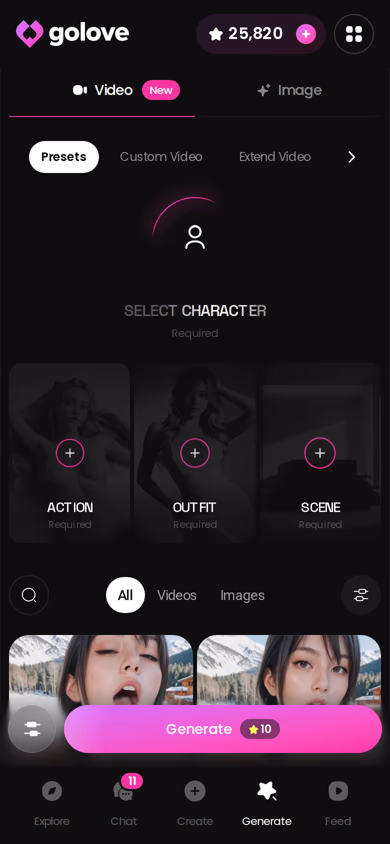 Le hub Generate sur mobile, avec les onglets Image et Video et les cartes de presets