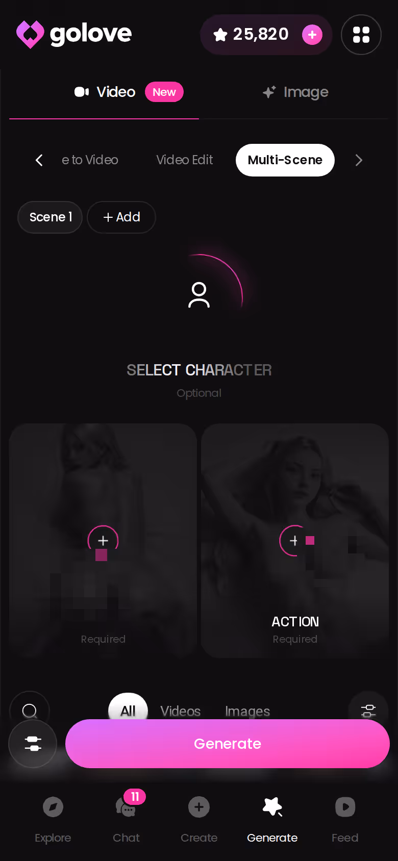 Générateur vidéo de GoLove.ai sur mobile avec ses cartes de presets action, tenue et décor